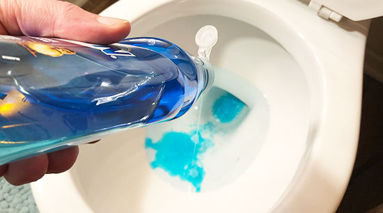 Dish soap can be used to dislodge or loosen a blockage in a clogged toilet